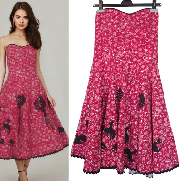 Vintage Rockabilly Red Bandana Western Dress Strapless Cowgirl Rodeo 50s Style - Picture 1 of 13